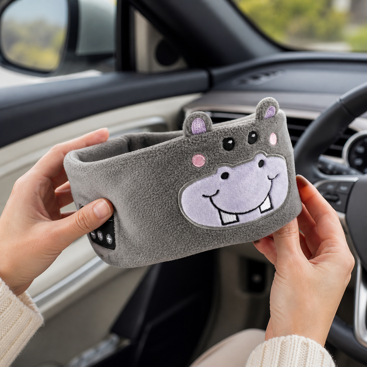 A pair of hands holding the CozyLullaby hippo headband